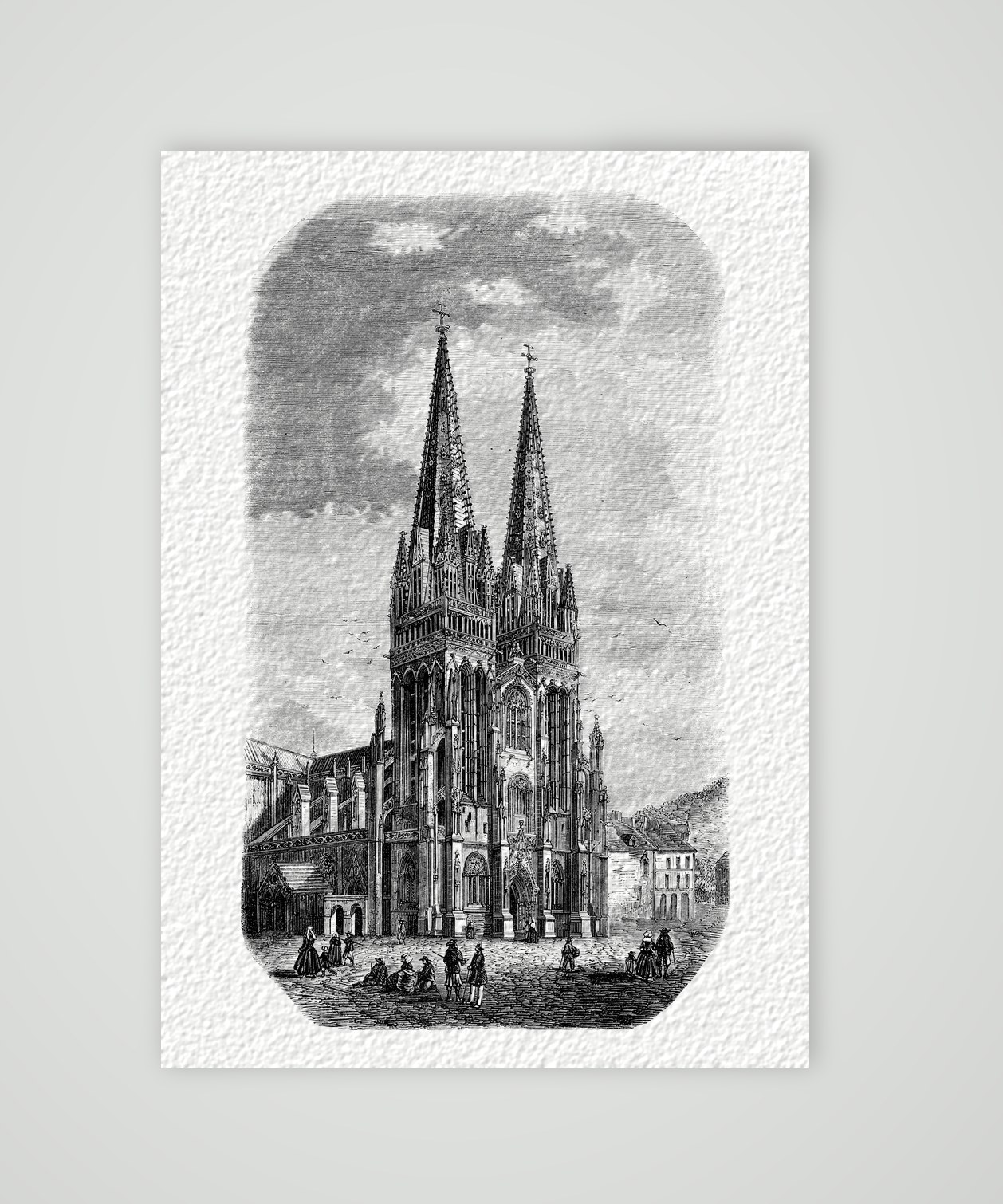 Quimper, die Kathedrale – Stahlstich, Kunstdruck auf Hahnemühle-Büttenpapier
