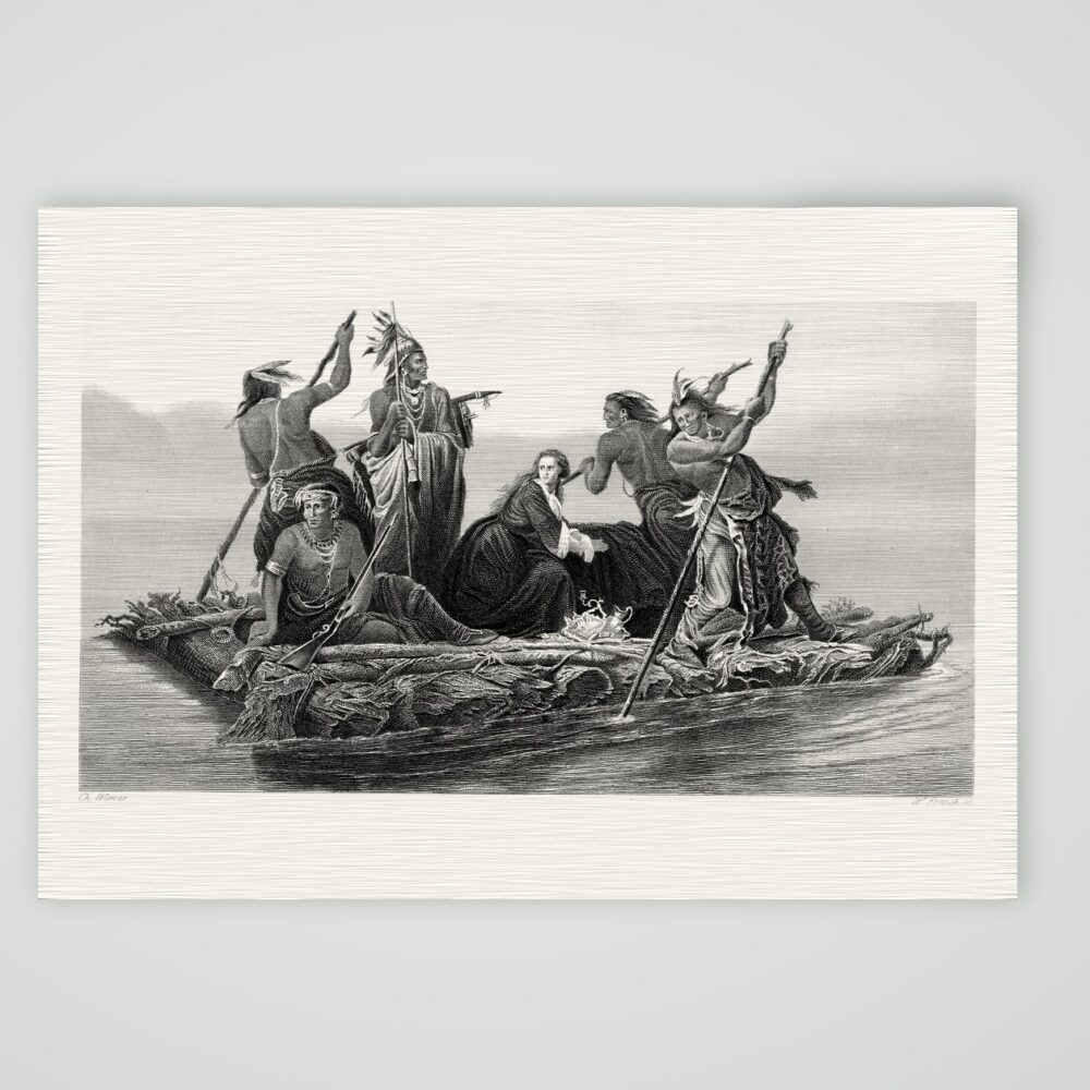 Der Rückzug – Floß auf dem Fluss – Stahlstich, Kunstdruck auf Leinenpapier