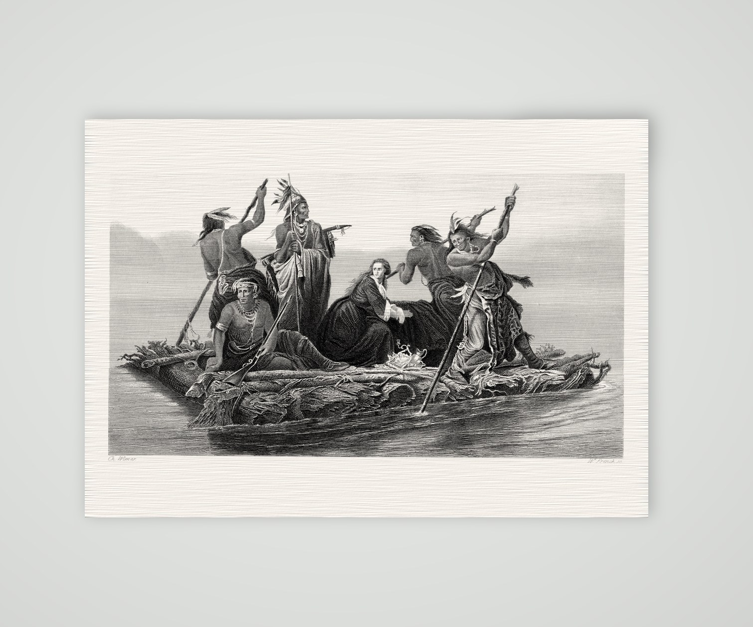 Der Rückzug – Floß auf dem Fluss – Stahlstich, Kunstdruck auf Leinenpapier