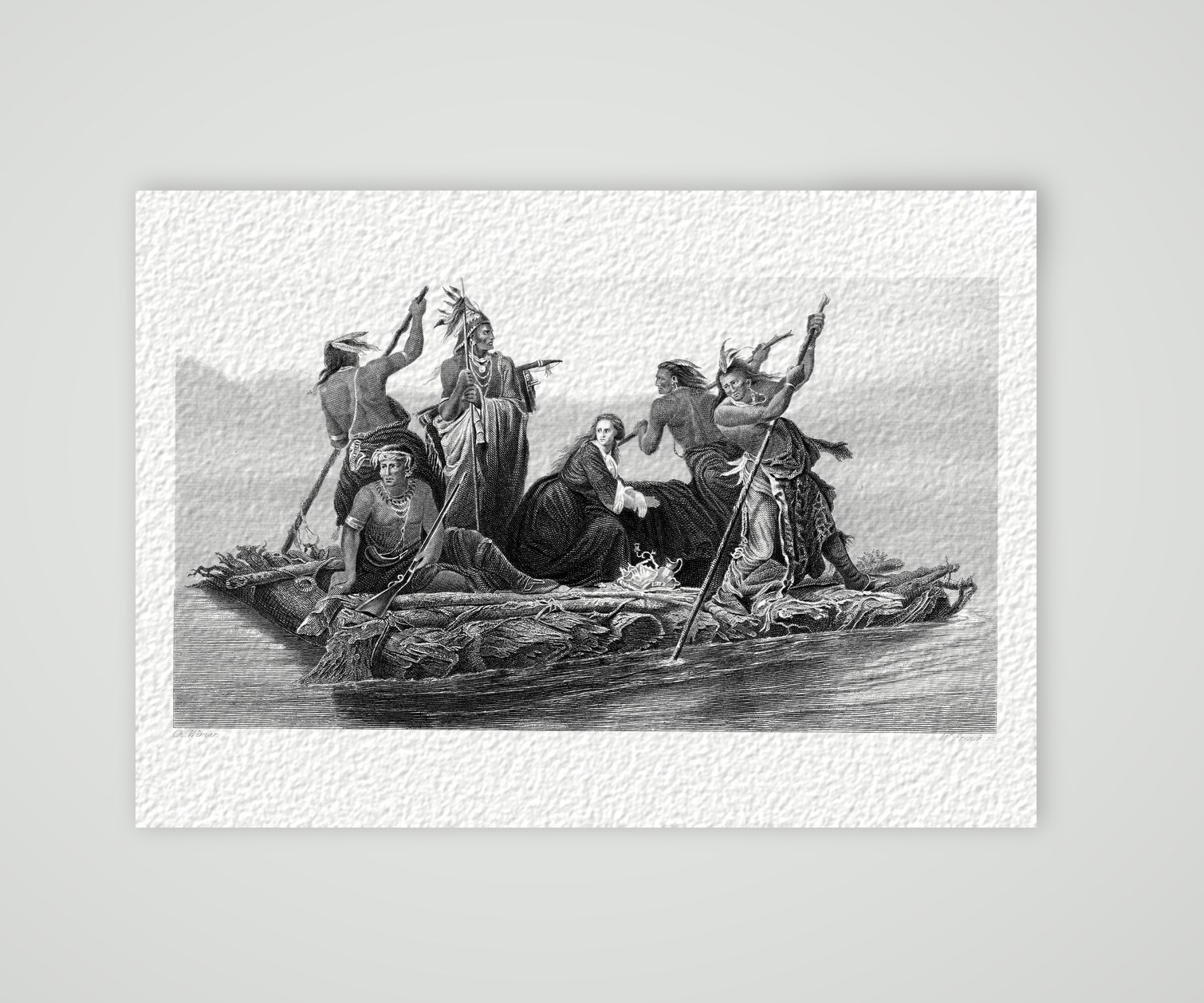 Der Rückzug – Floß auf dem Fluss – Stahlstich, Kunstdruck auf Hahnemühle-Büttenpapier
