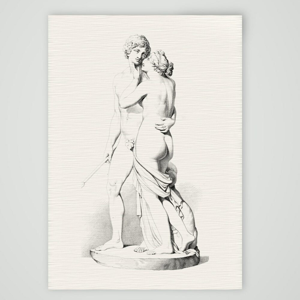 Adonis und Aphrodite – Skulpturengruppe – Stahlstich, Kunstdruck auf Leinenpapier