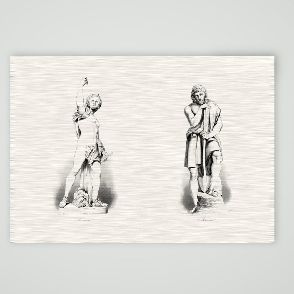 Comus und Timon – zwei Statuen – Stahlstich, Kunstdruck auf Leinenpapier