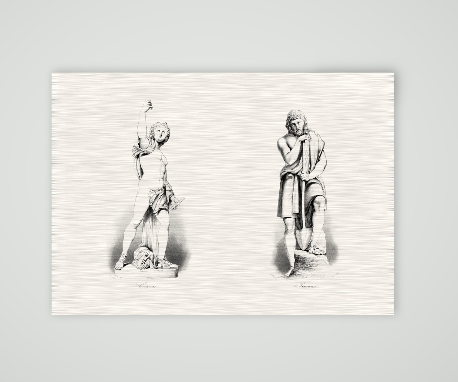 Comus und Timon – zwei Statuen – Stahlstich, Kunstdruck auf Leinenpapier