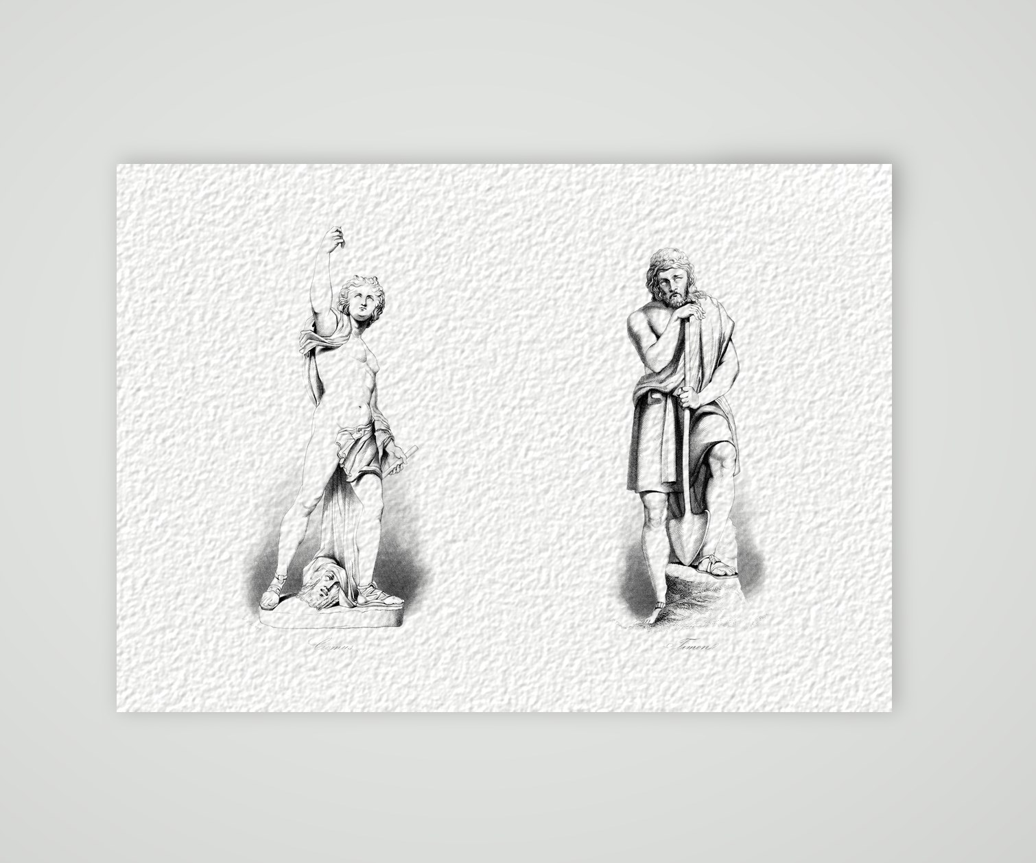 Comus und Timon – zwei Statuen – Stahlstich, Kunstdruck auf Hahnemühle-Büttenpapier