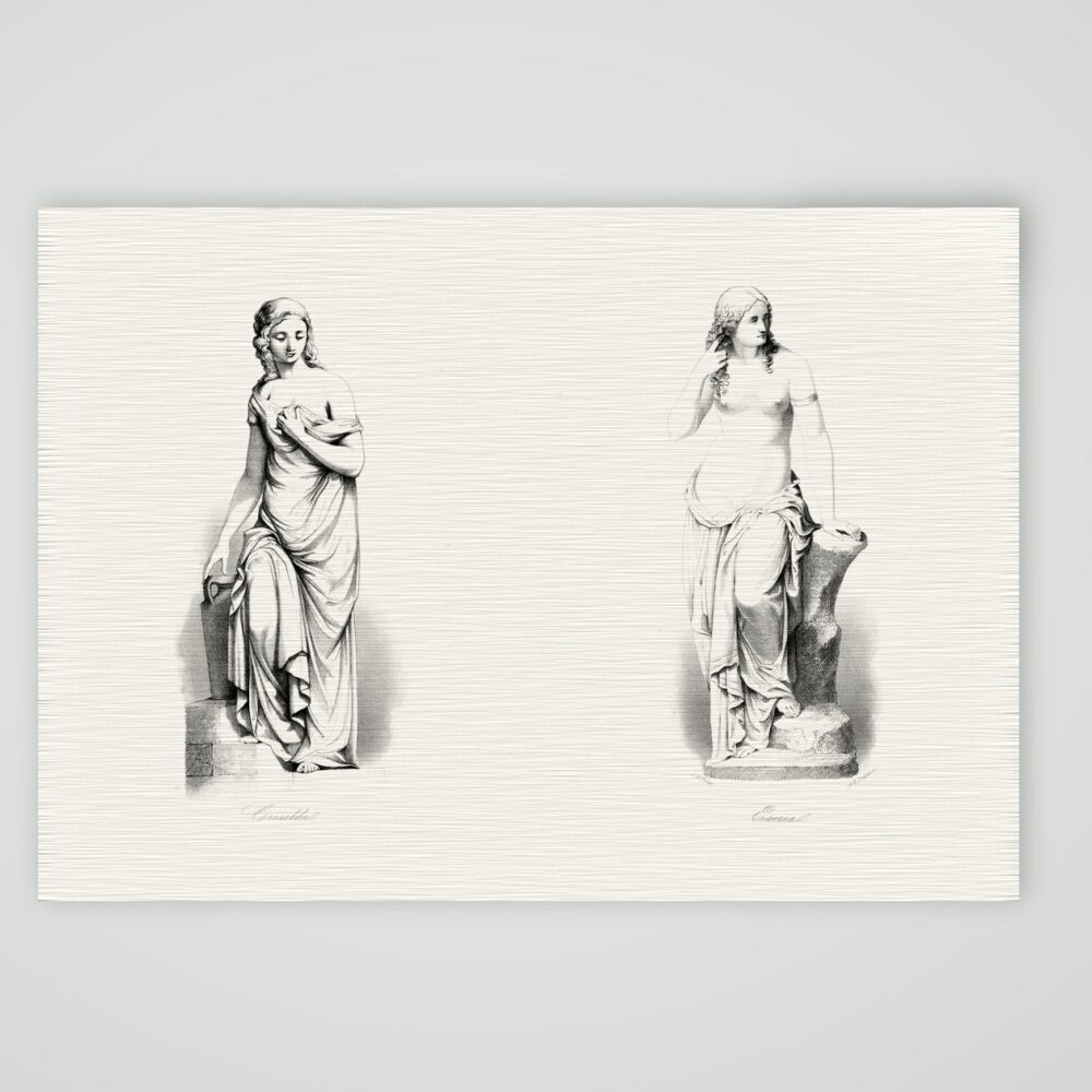 Griselda und Egeria – zwei Statuen – Stahlstich, Kunstdruck auf Leinenpapier