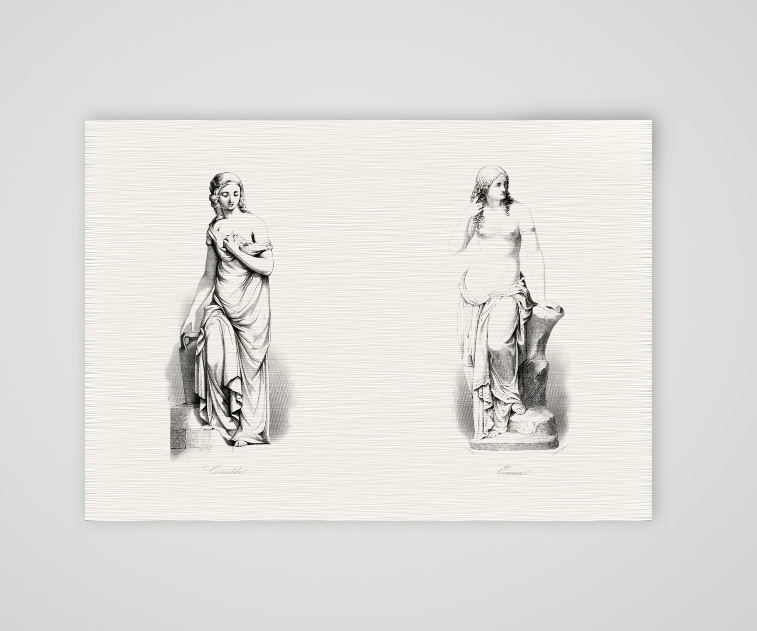 Griselda und Egeria – zwei Statuen – Stahlstich, Kunstdruck auf Leinenpapier