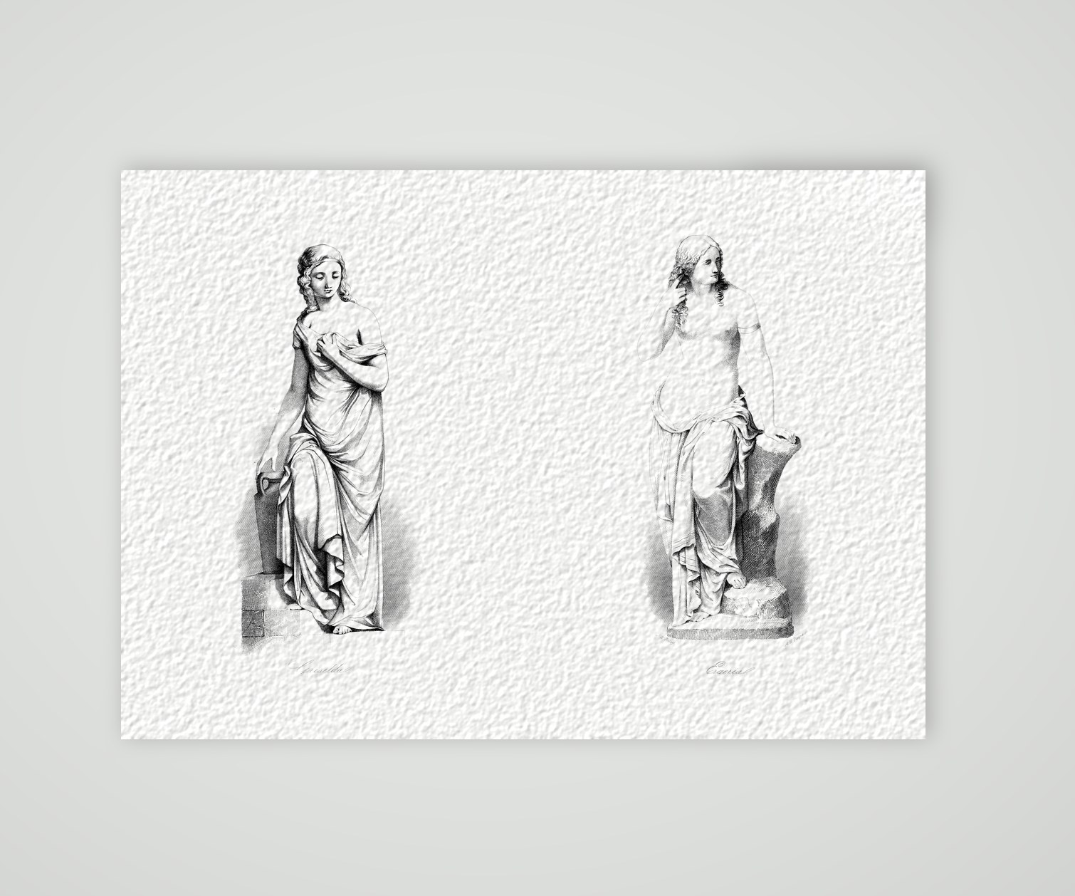 Griselda und Egeria – zwei Statuen – Stahlstich, Kunstdruck auf Hahnemühle-Büttenpapier