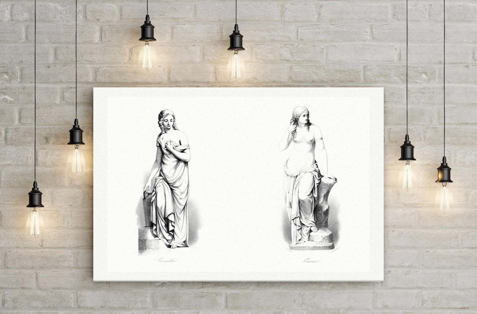 Griselda und Egeria – zwei Statuen – Stahlstich, Leinwanddruck auf Holzkeilrahmen an der Wand