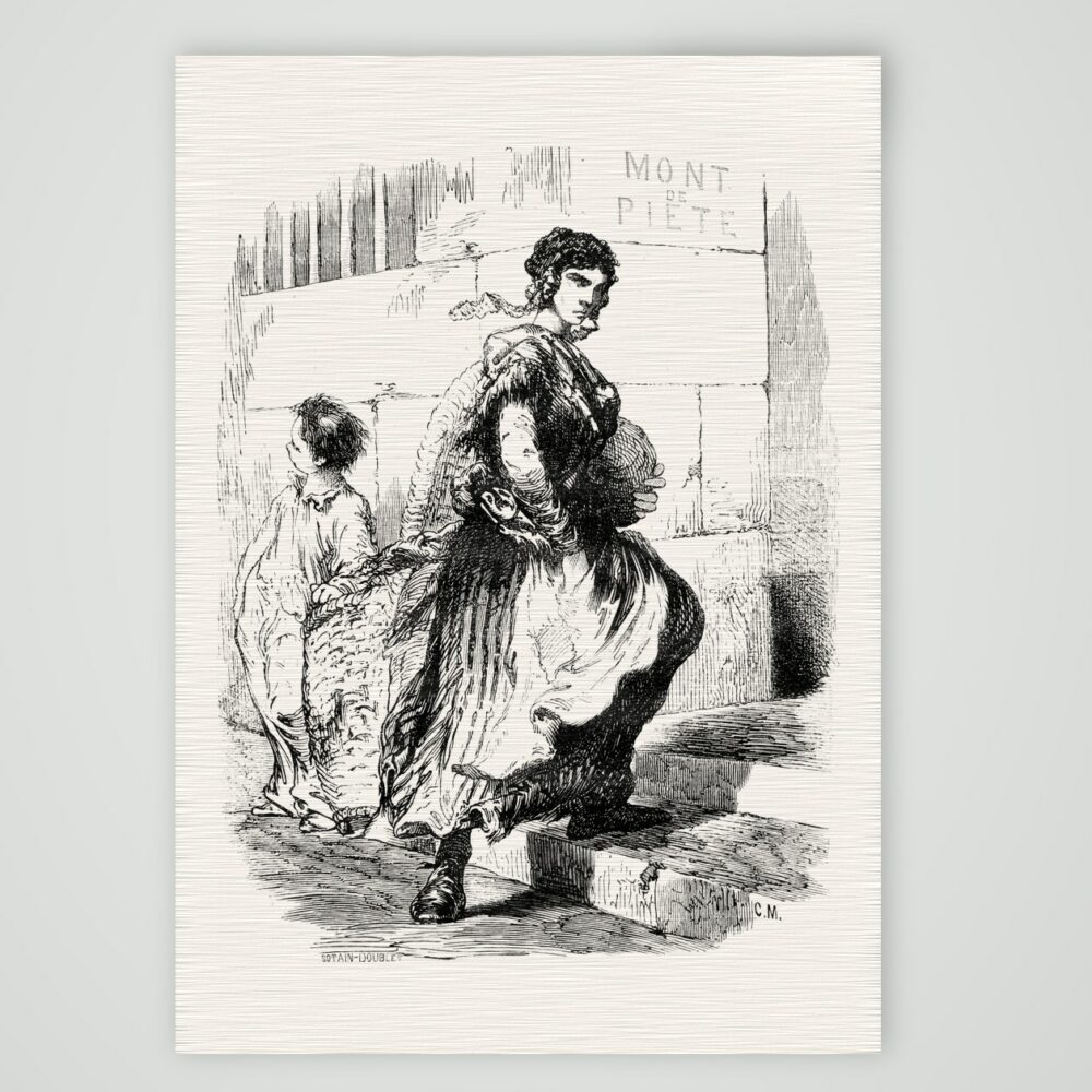 Der Weg zum Leihhaus – Stahlstich, Kunstdruck auf Leinenpapier