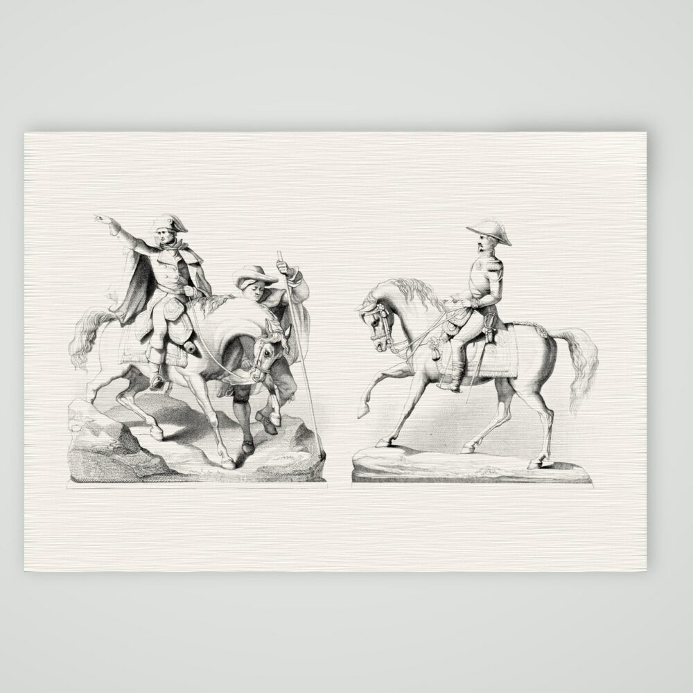 Napoleon I. und Napoleon III. – Reiterstatuen – Stahlstich, Kunstdruck auf Leinenpapier
