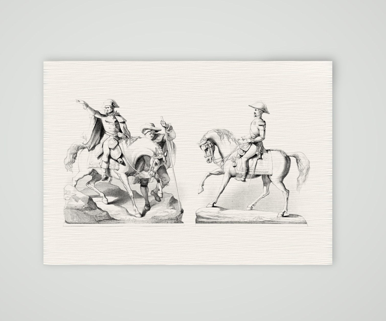 Napoleon I. und Napoleon III. – Reiterstatuen – Stahlstich, Kunstdruck auf Leinenpapier