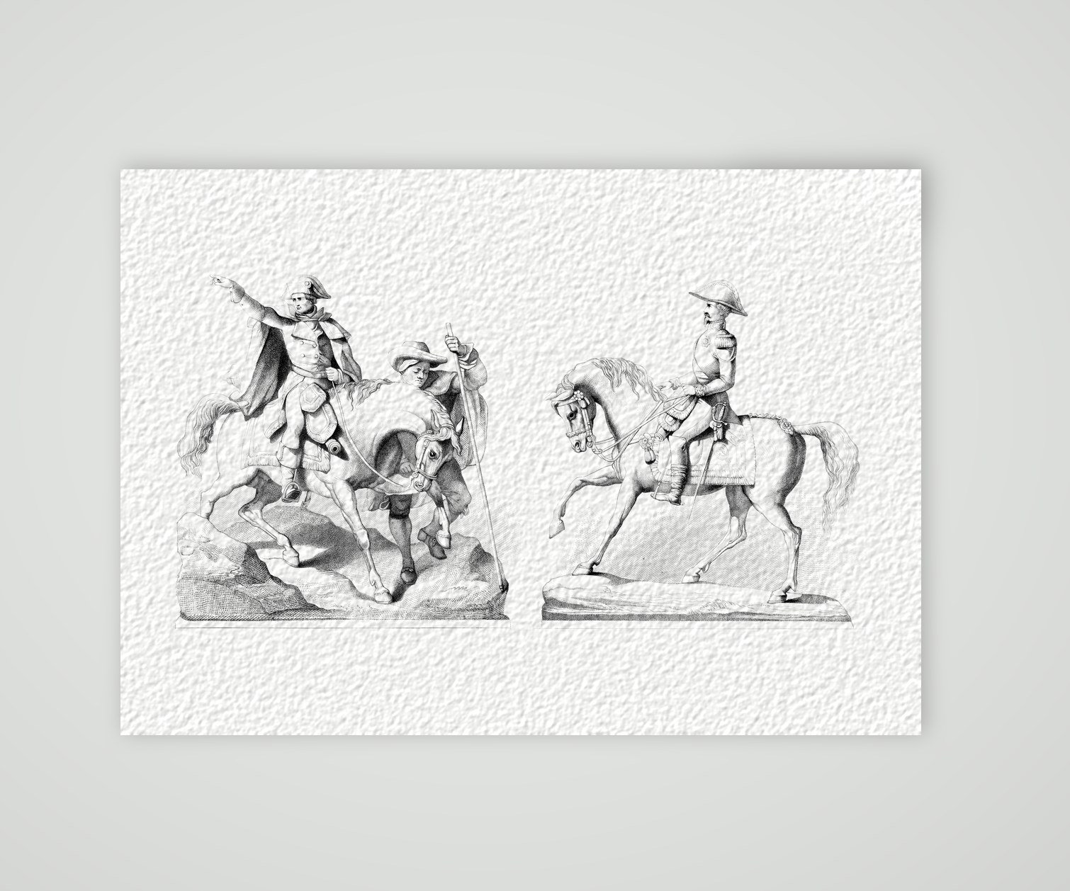 Napoleon I. und Napoleon III. – Reiterstatuen – Stahlstich, Kunstdruck auf Hahnemühle-Büttenpapier