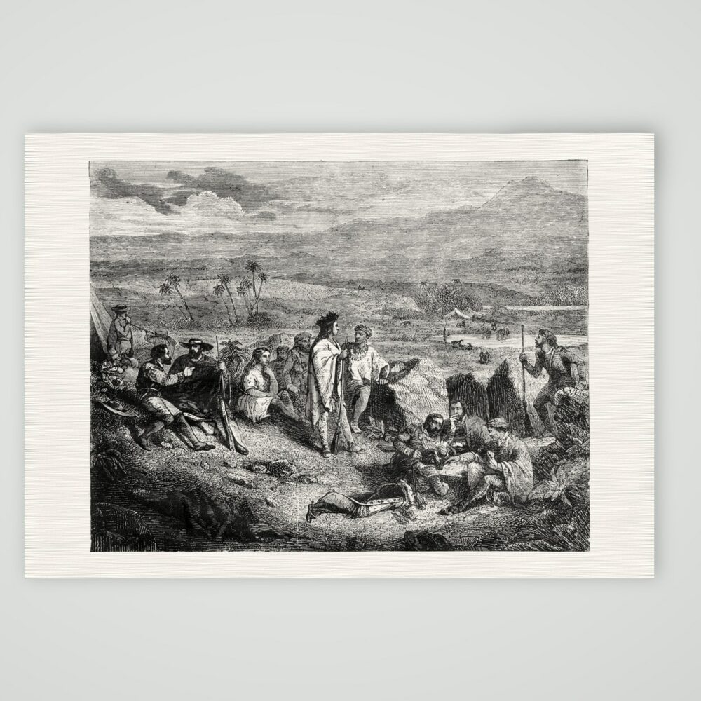 Halt von Neuamerikanern – Stahlstich, Kunstdruck auf Leinenpapier