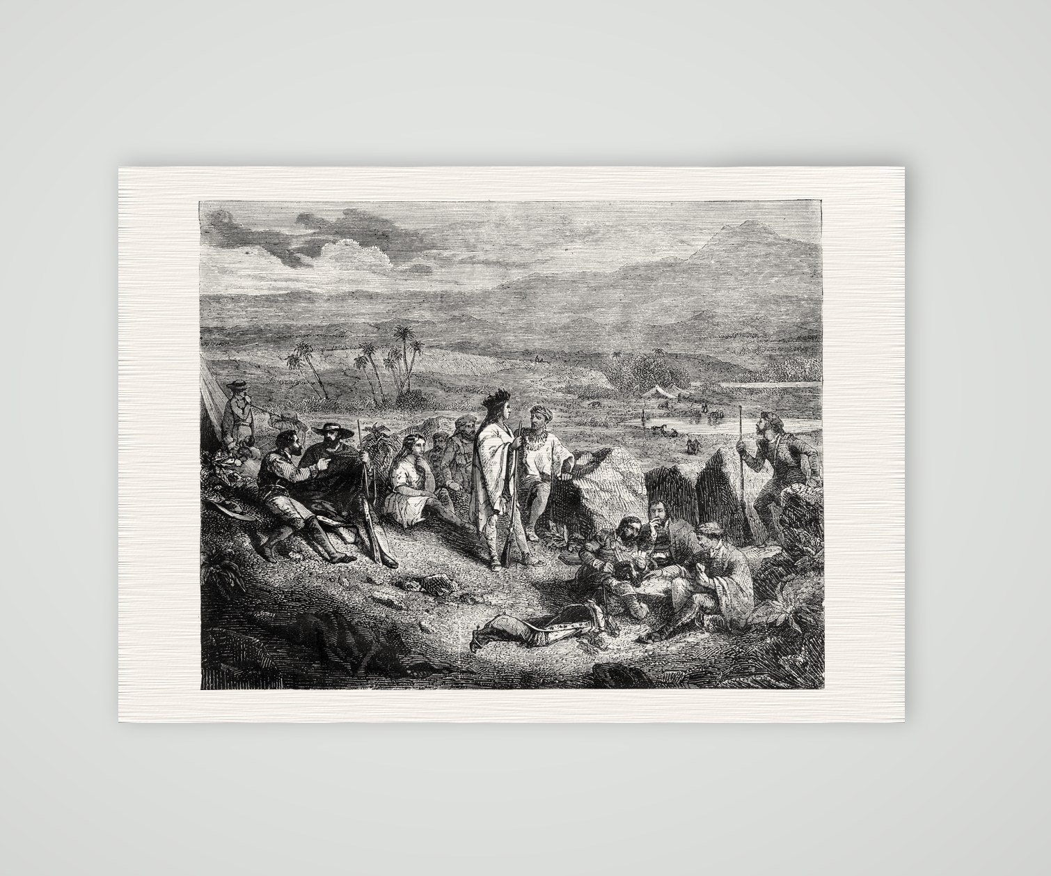 Halt von Neuamerikanern – Stahlstich, Kunstdruck auf Leinenpapier