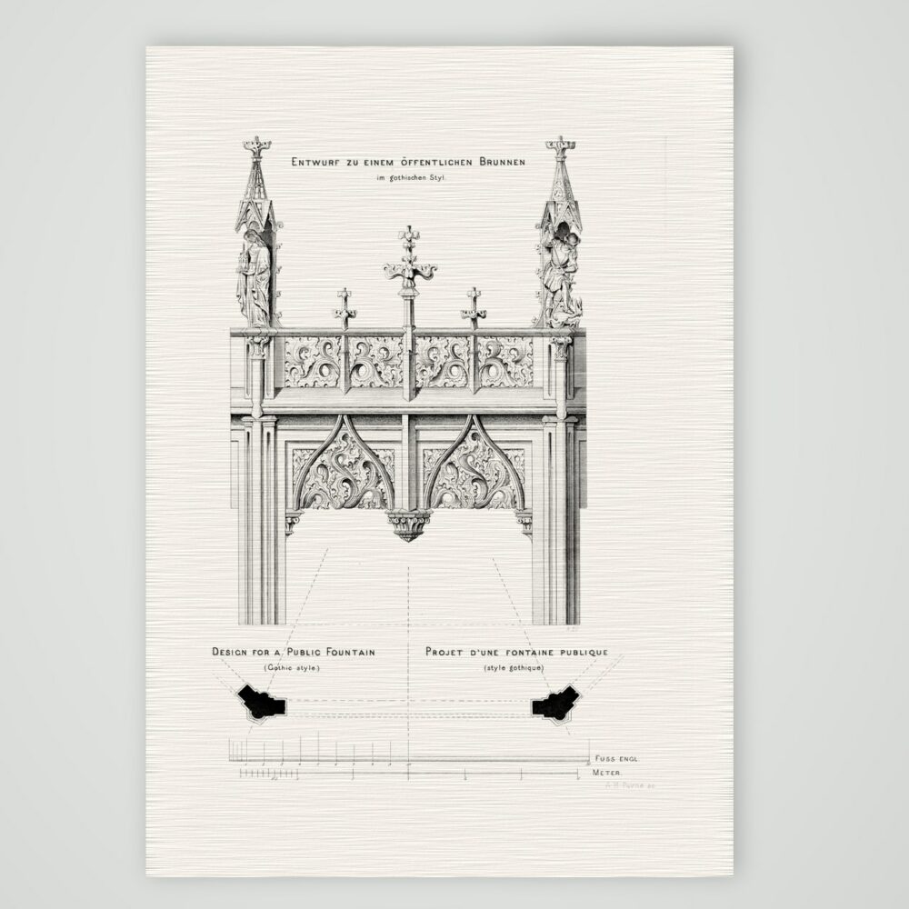 Entwurf zu einem gotischen Brunnen – Stahlstich, Kunstdruck auf Leinenpapier