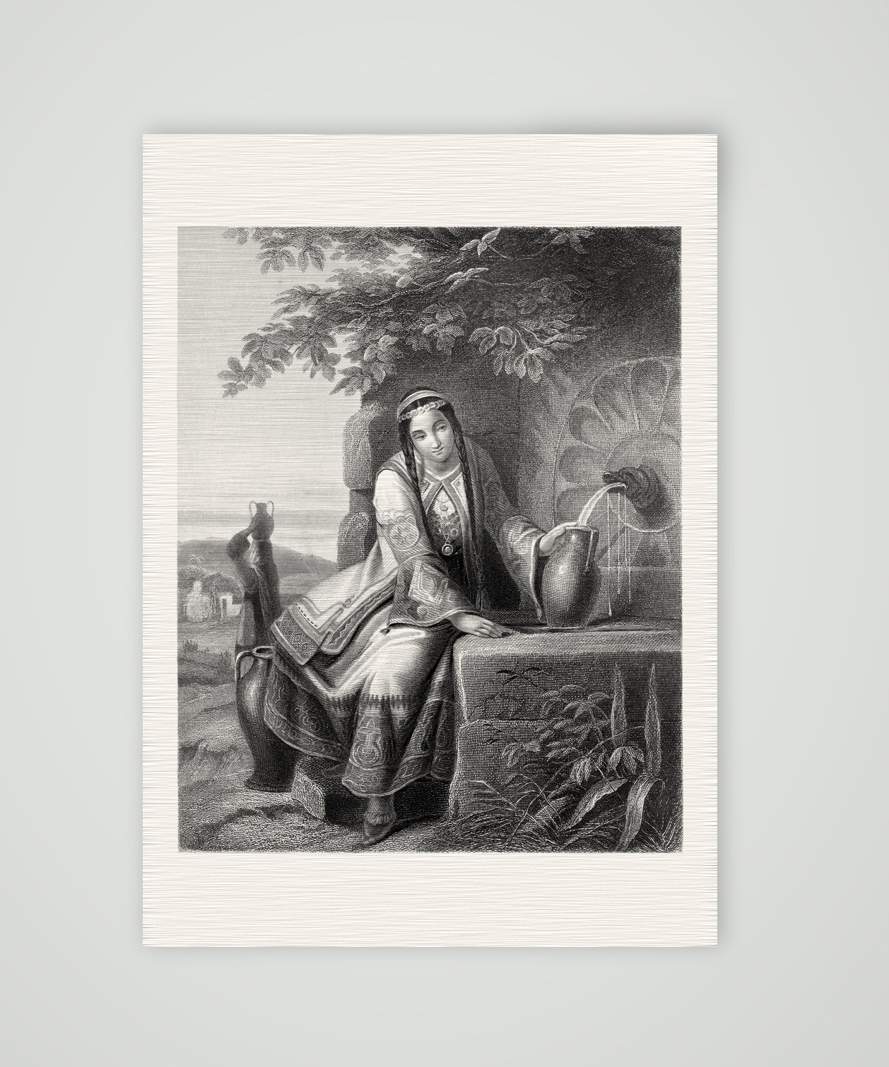 Die Chiotin am Brunnen – Stahlstich, Kunstdruck auf Leinenpapier