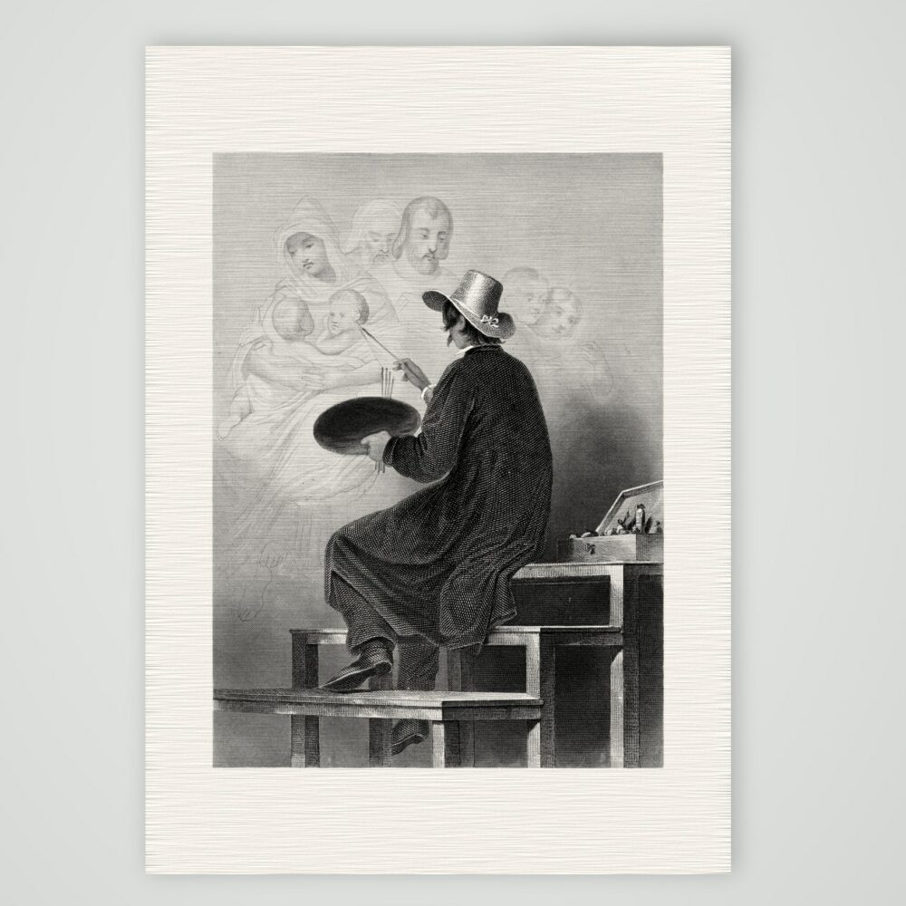 Wilhelm von Kaulbach auf dem Malgerüst – Stahlstich, Kunstdruck auf Leinenpapier