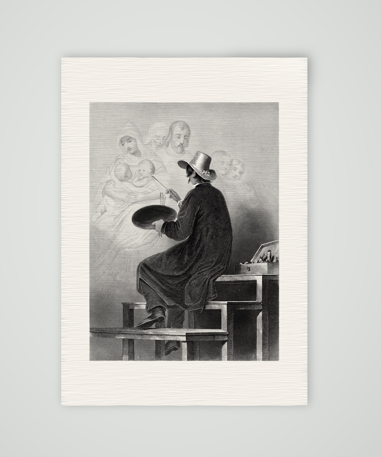 Wilhelm von Kaulbach auf dem Malgerüst – Stahlstich, Kunstdruck auf Leinenpapier