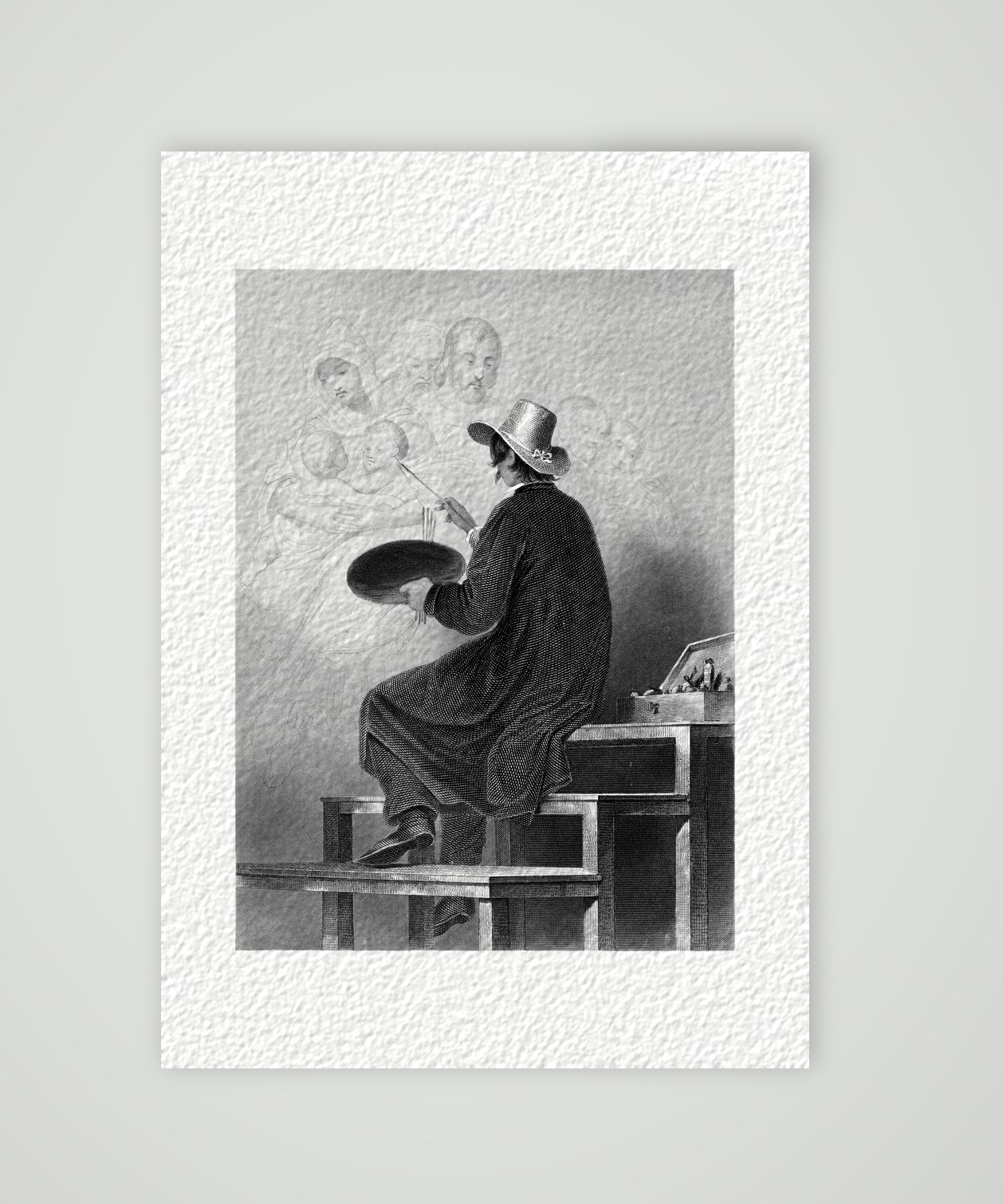 Wilhelm von Kaulbach auf dem Malgerüst – Stahlstich, Kunstdruck auf Hahnemühle-Büttenpapier