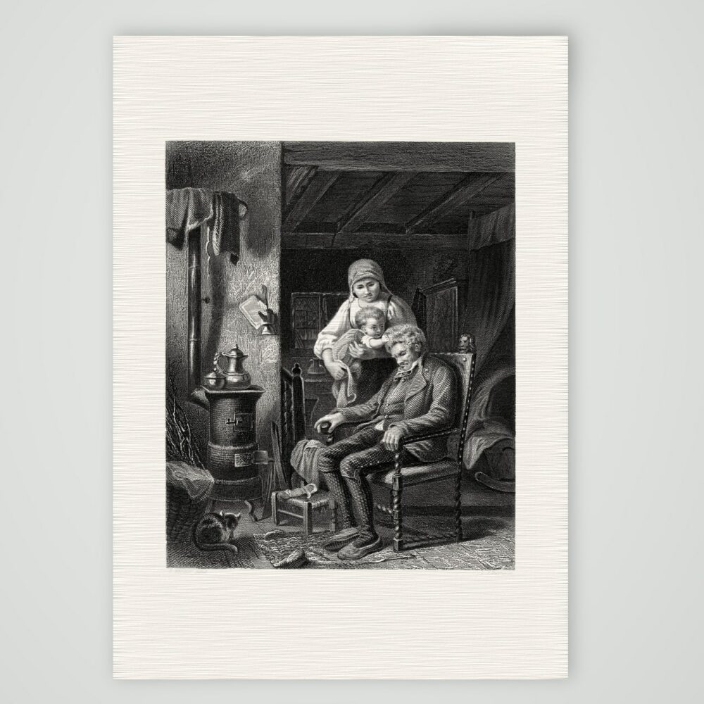 Das Mittagsschläfchen – Stahlstich, Kunstdruck auf Leinenpapier