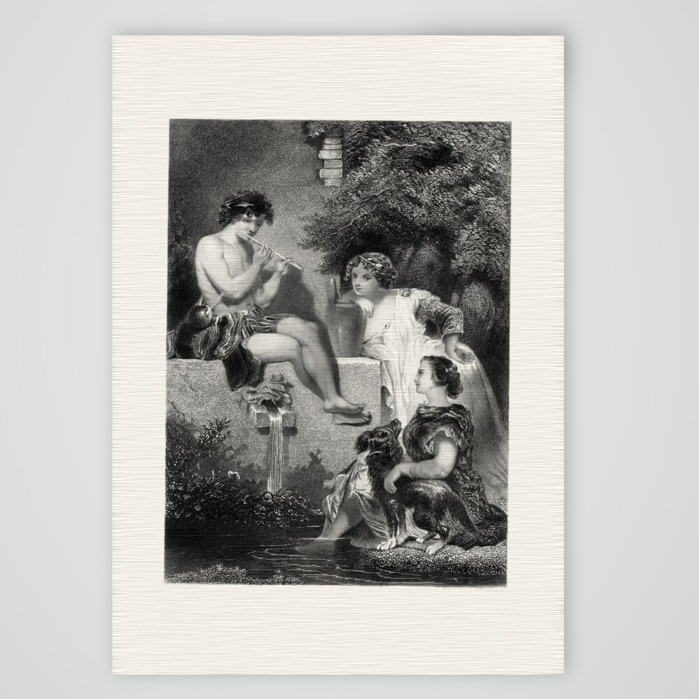 Arkadien – der Flötenspieler – Stahlstich, Kunstdruck auf Leinenpapier