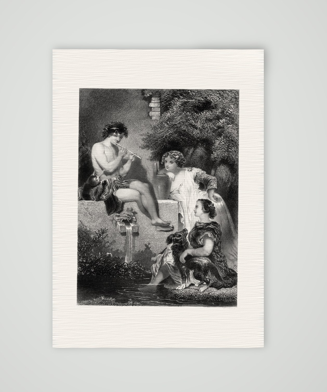 Arkadien – der Flötenspieler – Stahlstich, Kunstdruck auf Leinenpapier