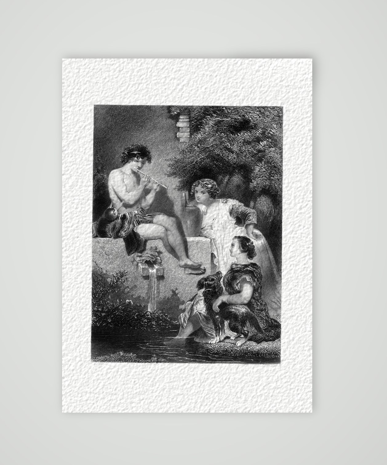 Arkadien – der Flötenspieler – Stahlstich, Kunstdruck auf Hahnemühle-Büttenpapier