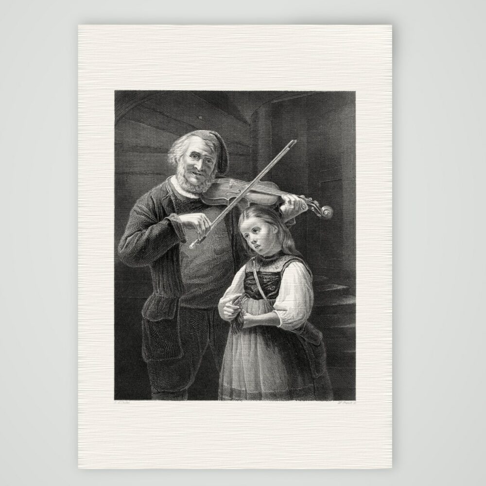 Der Geiger und sein Kind – Stahlstich, Kunstdruck auf Leinenpapier