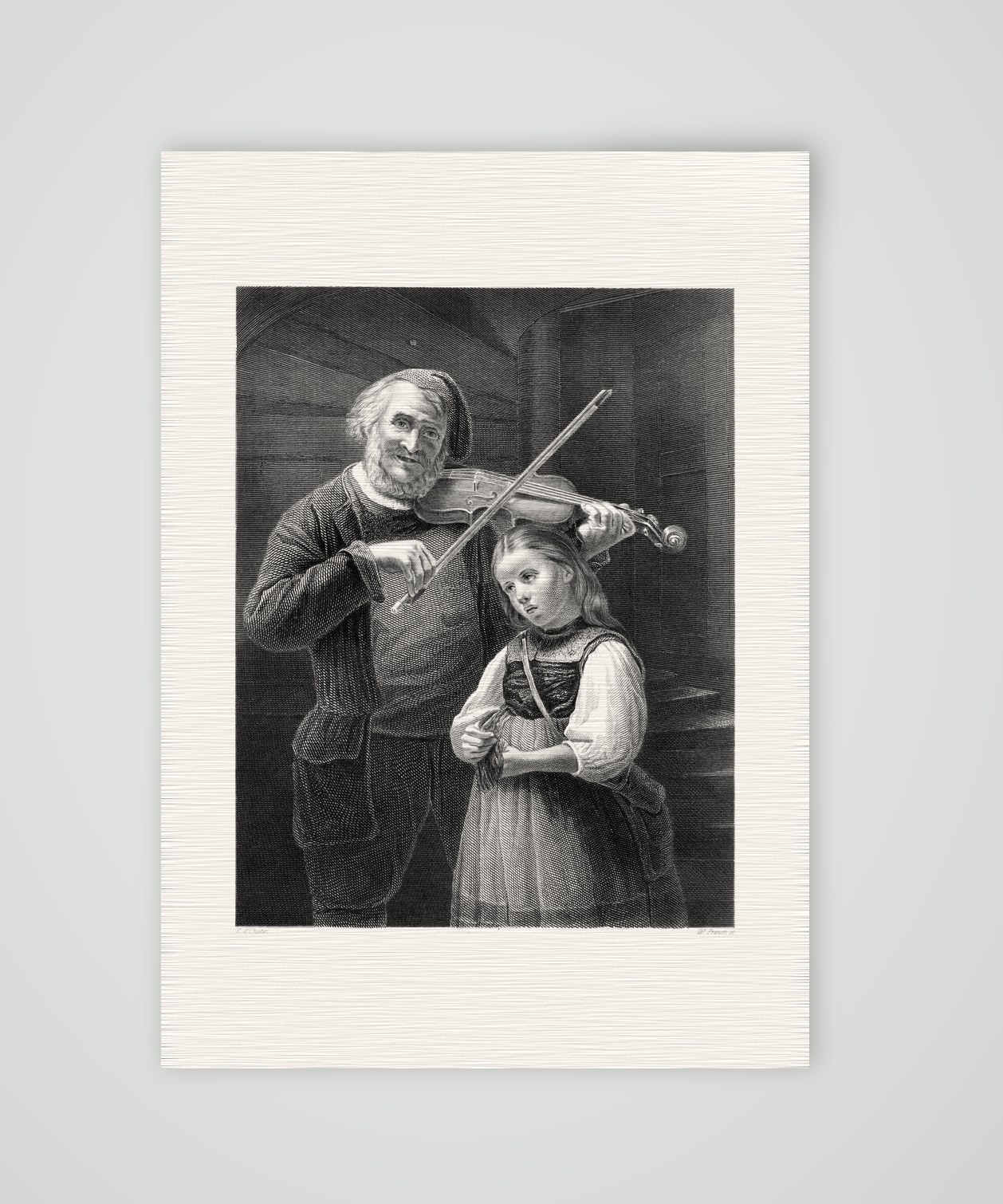 Der Geiger und sein Kind – Stahlstich, Kunstdruck auf Leinenpapier