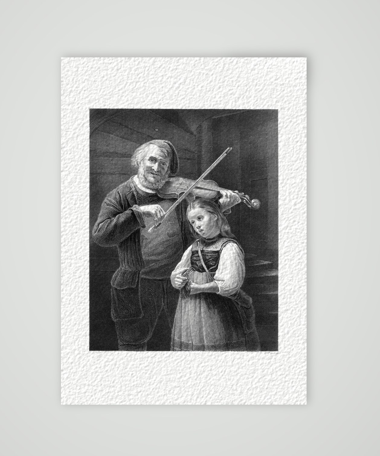 Der Geiger und sein Kind – Stahlstich, Kunstdruck auf Hahnemühle-Büttenpapier