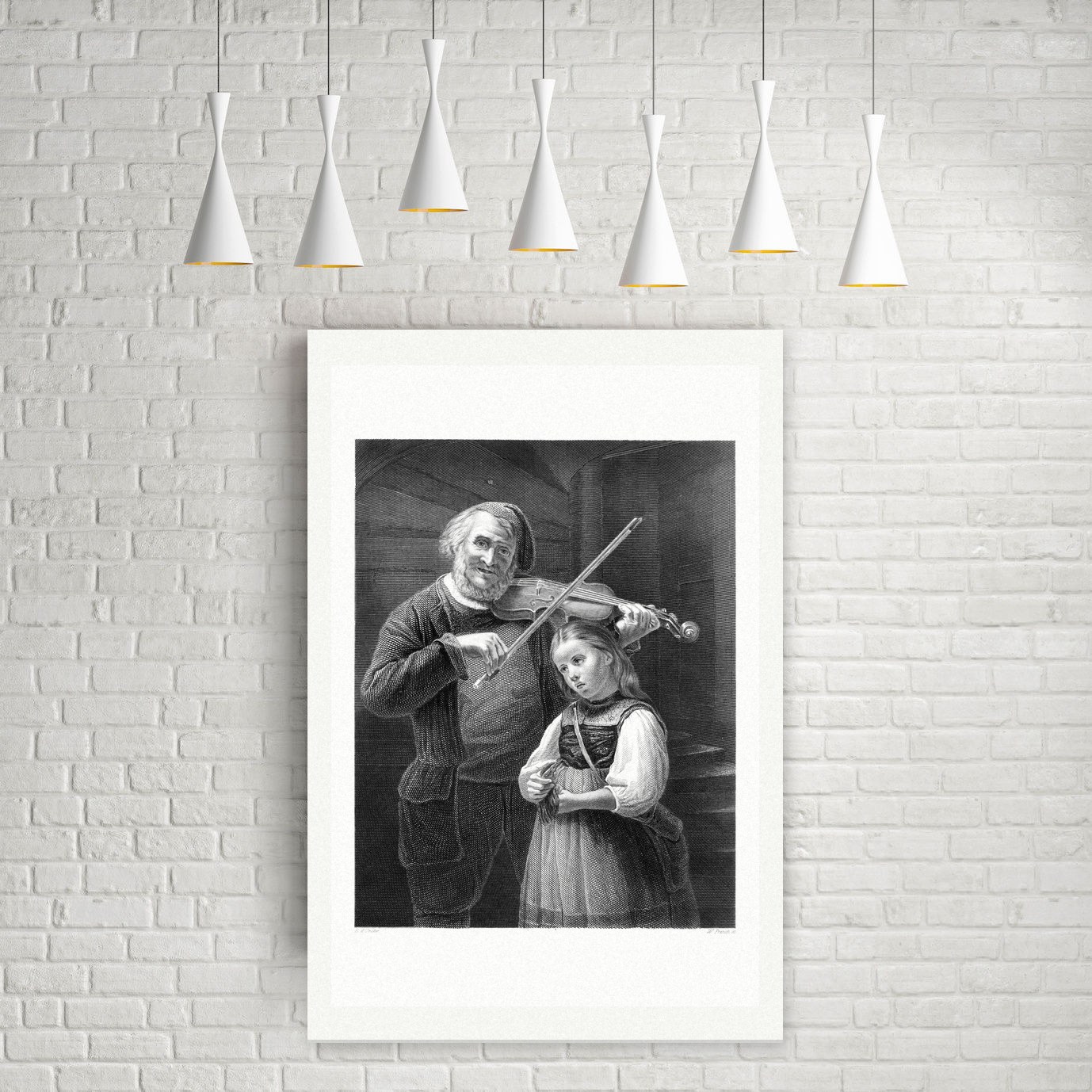 Der Geiger und sein Kind – Stahlstich, Leinwanddruck auf Holzkeilrahmen an der Wand