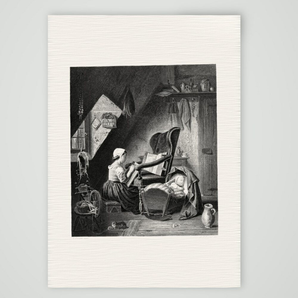 Die fleißige Wärterin – Stahlstich, Kunstdruck auf Leinenpapier