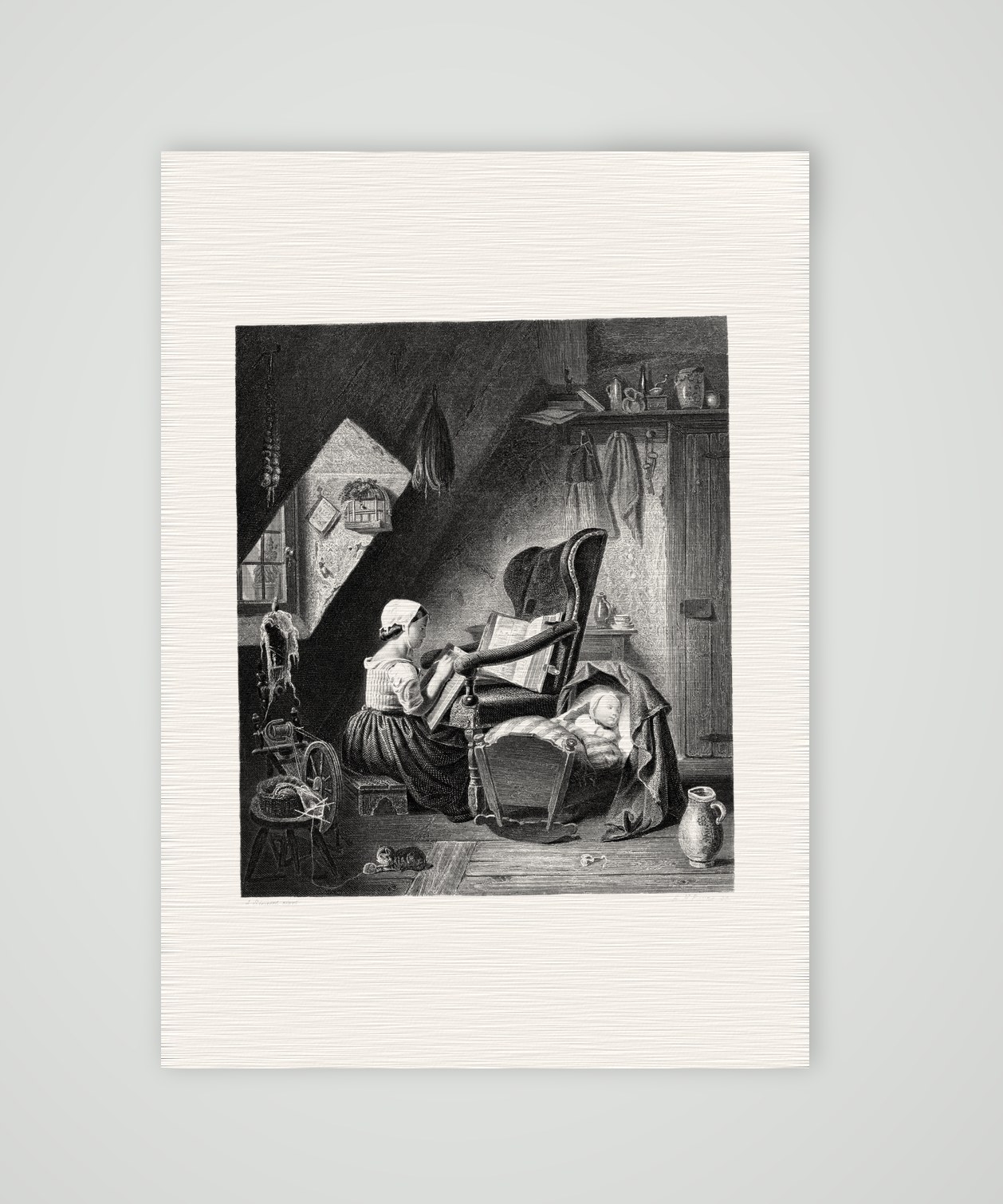 Die fleißige Wärterin – Stahlstich, Kunstdruck auf Leinenpapier