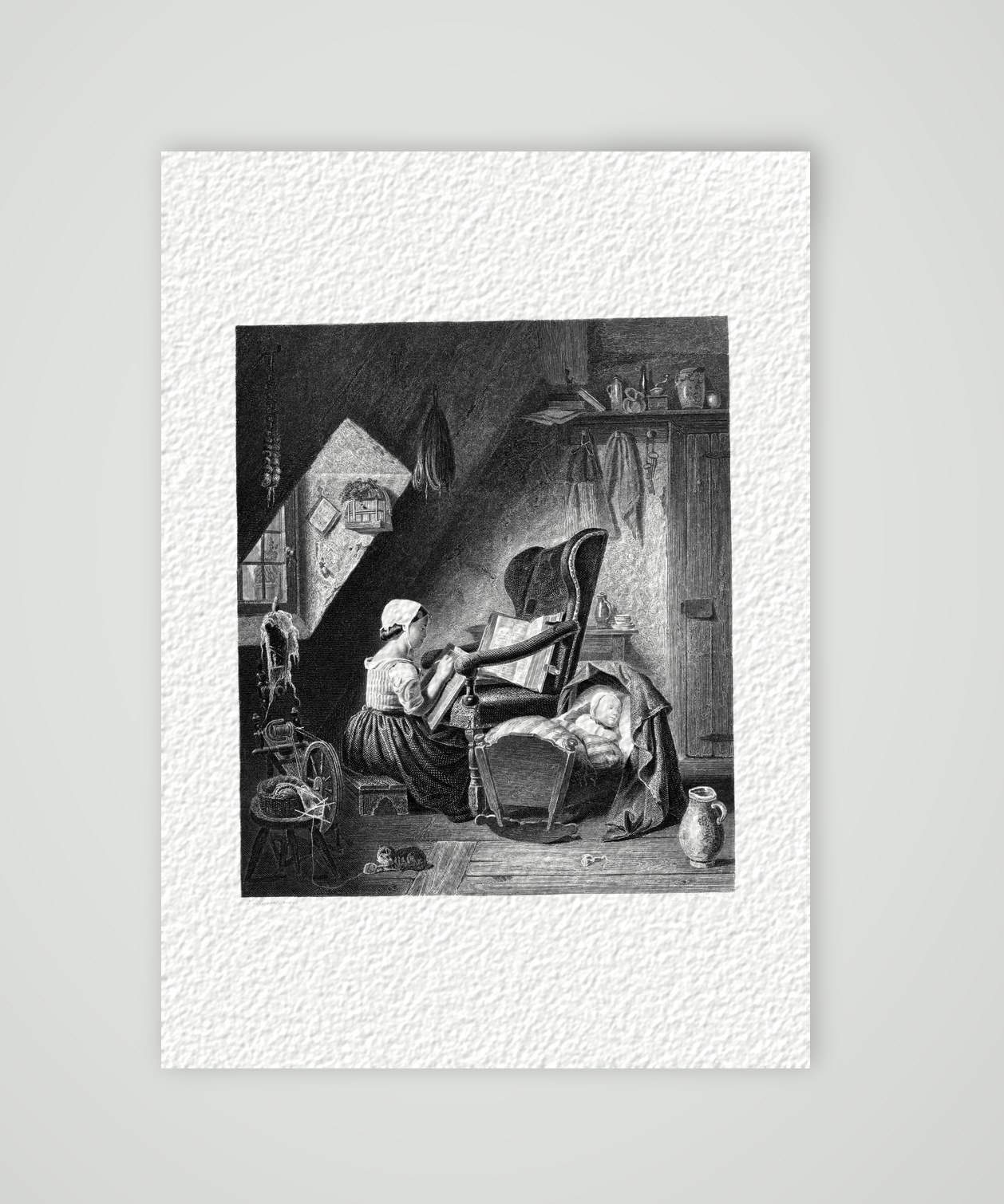 Die fleißige Wärterin – Stahlstich, Kunstdruck auf Hahnemühle-Büttenpapier