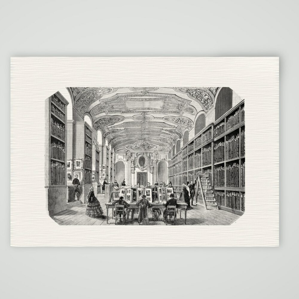 Paris, Saal der kaiserlichen Bibliothek – Stahlstich, Kunstdruck auf Leinenpapier