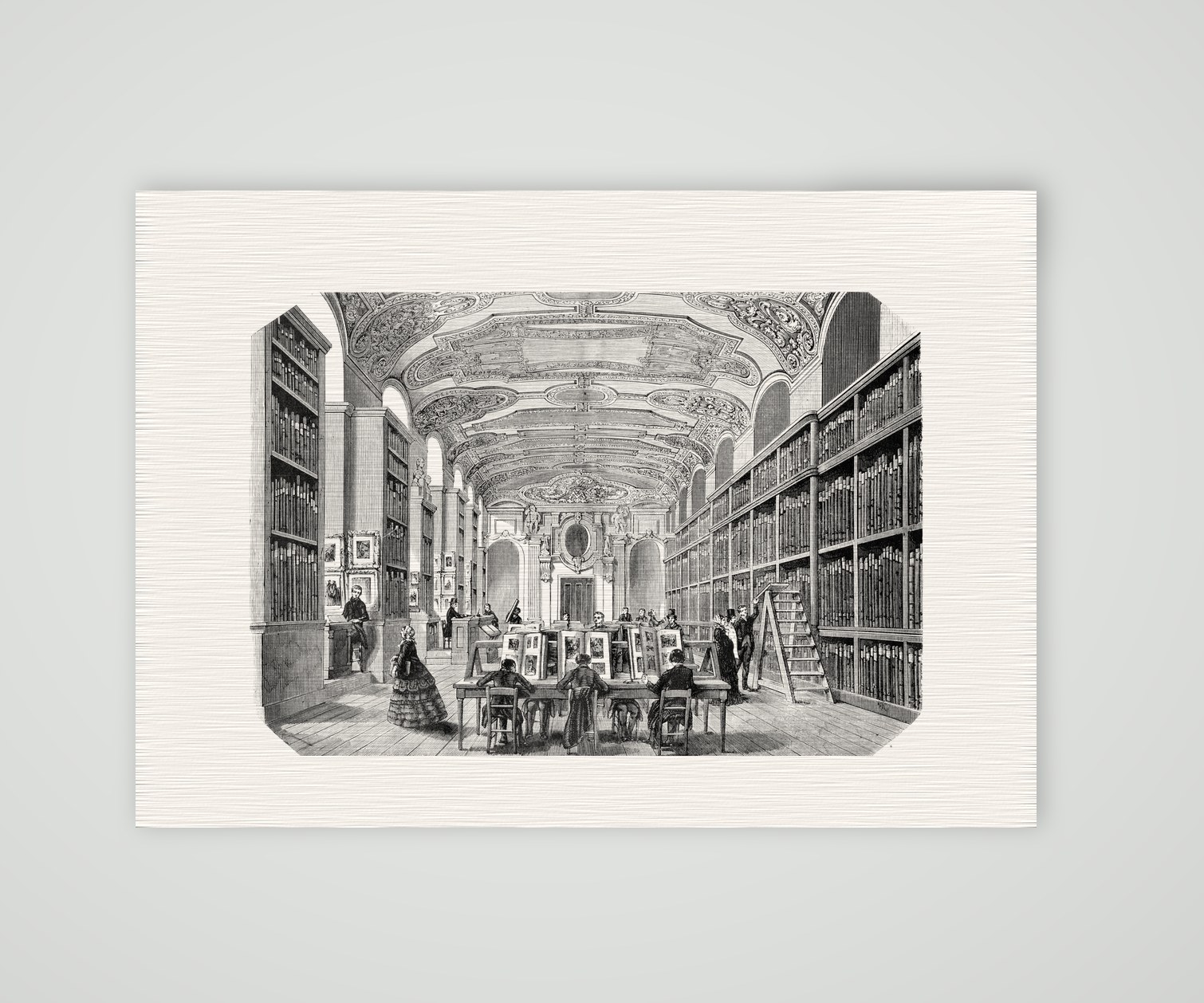 Paris, Saal der kaiserlichen Bibliothek – Stahlstich, Kunstdruck auf Leinenpapier