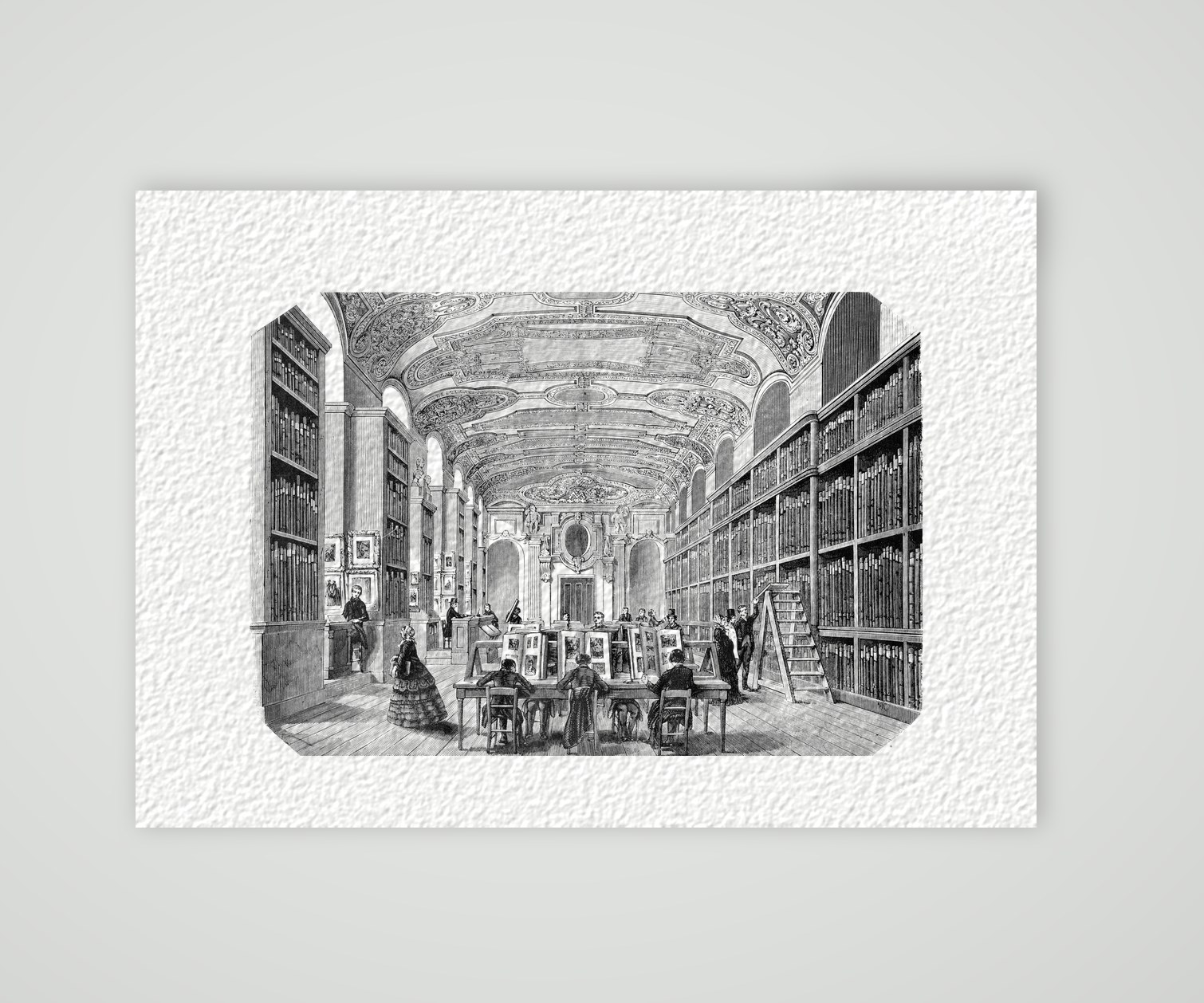 Paris, Saal der kaiserlichen Bibliothek – Stahlstich, Kunstdruck auf Hahnemühle-Büttenpapier
