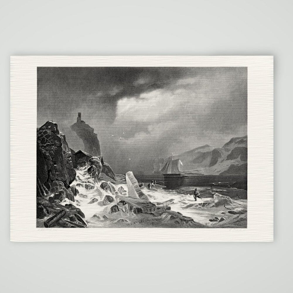 Eisgang an der norwegischen Küste – Stahlstich, Kunstdruck auf Leinenpapier