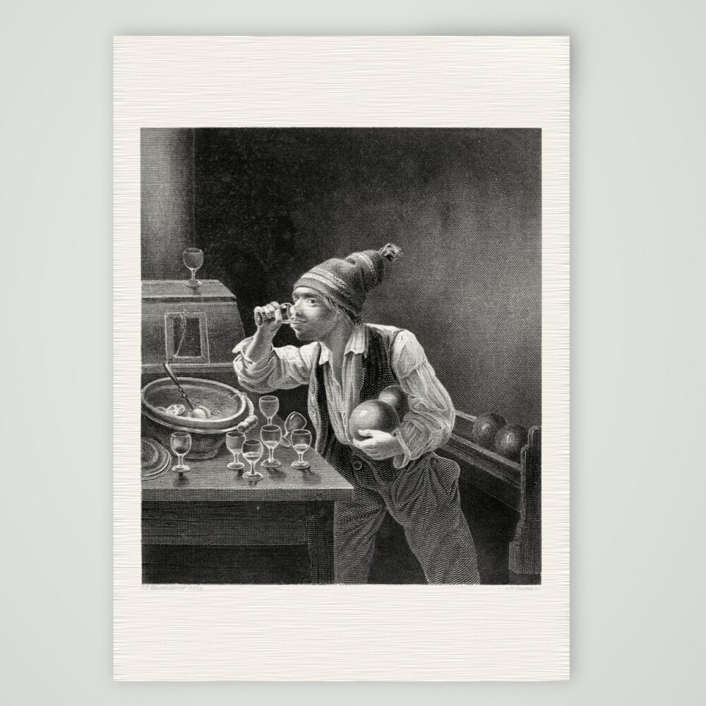 Alle neun! – der Kegler – Stahlstich, Kunstdruck auf Leinenpapier