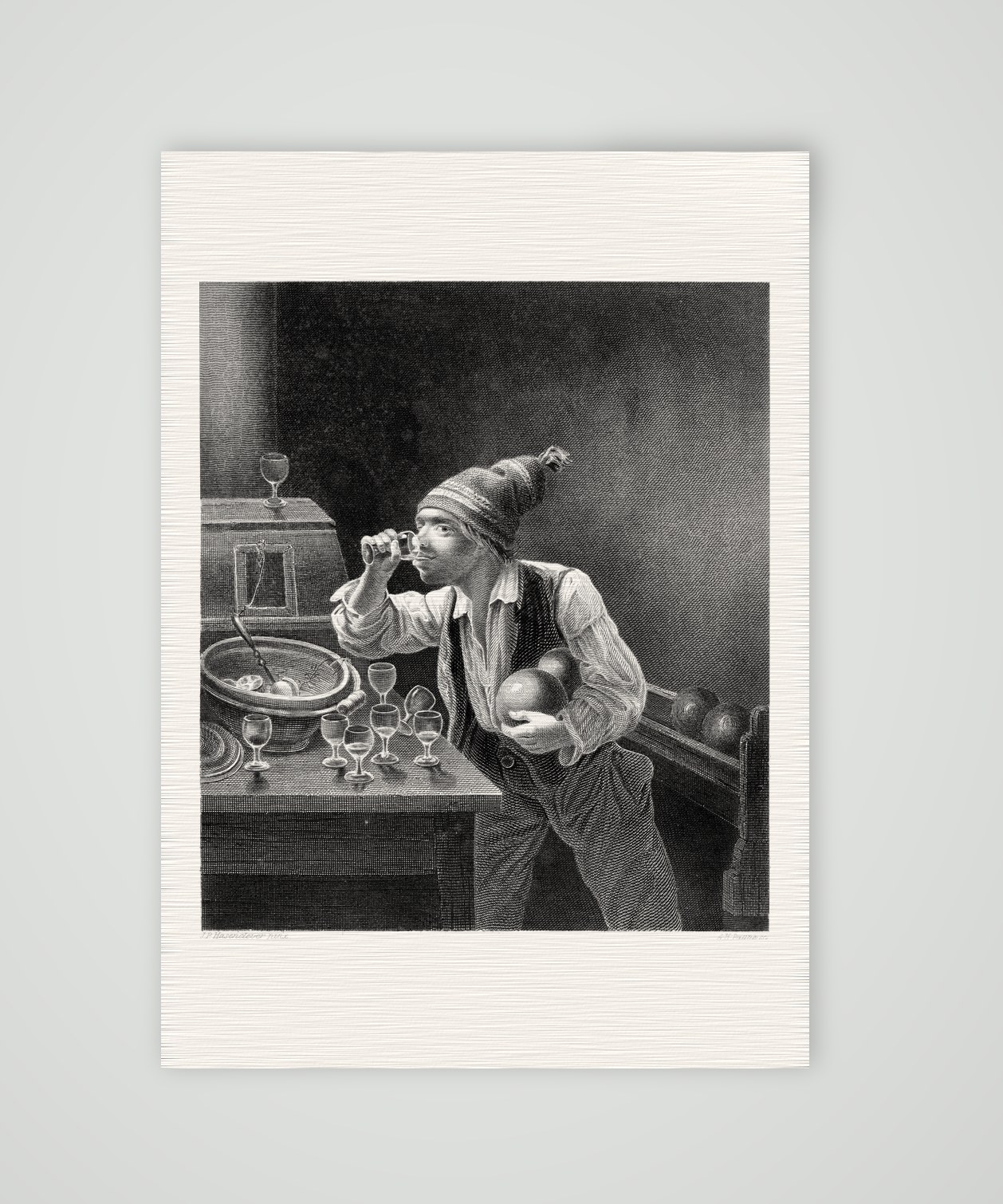 Alle neun! – der Kegler – Stahlstich, Kunstdruck auf Leinenpapier