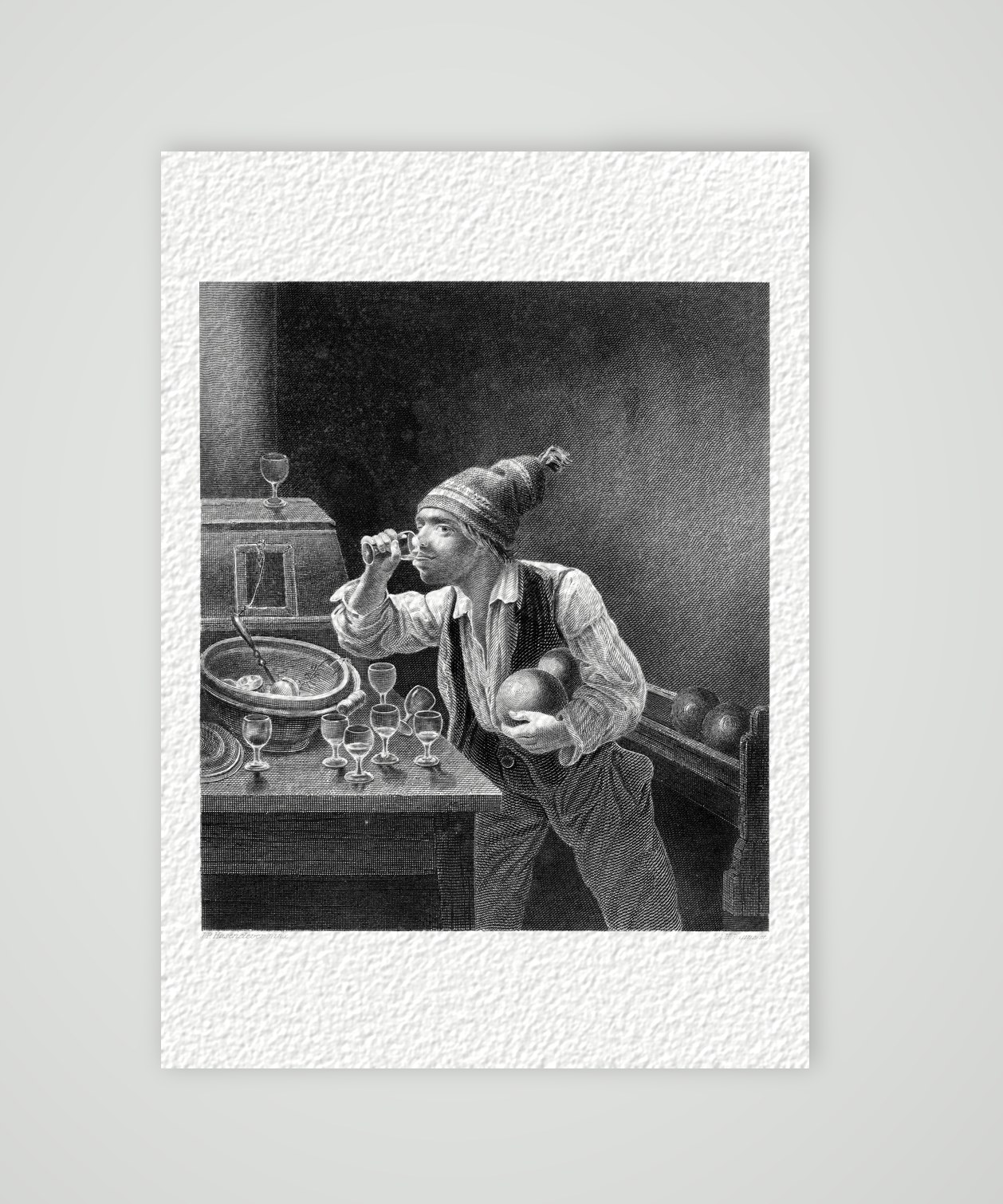 Alle neun! – der Kegler – Stahlstich, Kunstdruck auf Hahnemühle-Büttenpapier