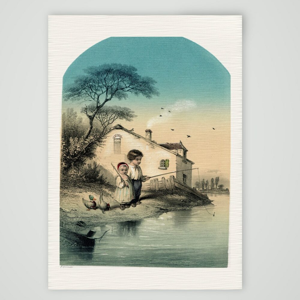Die kleinen Angler – Stahlstich, Kunstdruck auf Leinenpapier