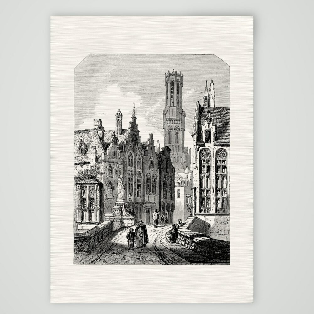 Brügge, Straße mit dem Belfried – Stahlstich, Kunstdruck auf Leinenpapier