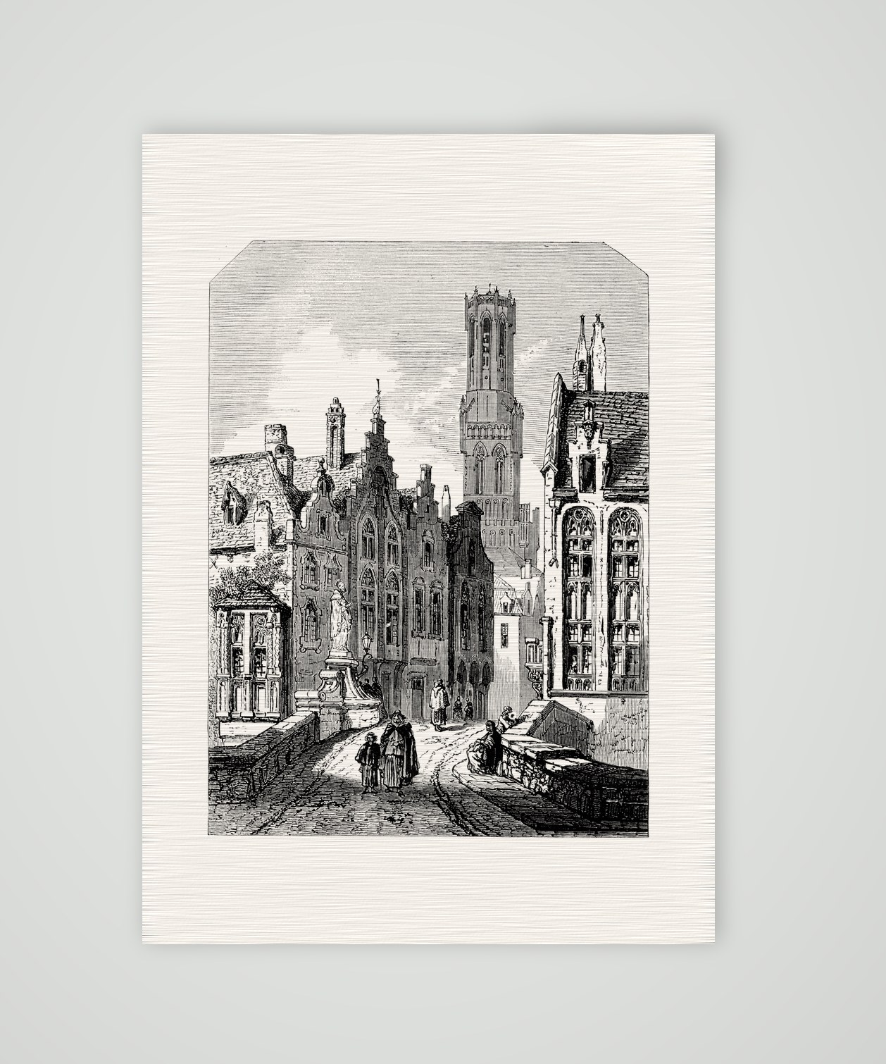 Brügge, Straße mit dem Belfried – Stahlstich, Kunstdruck auf Leinenpapier
