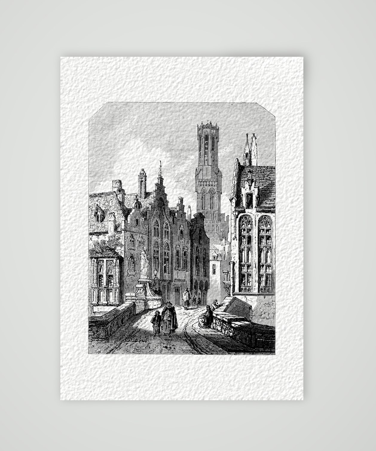 Brügge, Straße mit dem Belfried – Stahlstich, Kunstdruck auf Hahnemühle-Büttenpapier