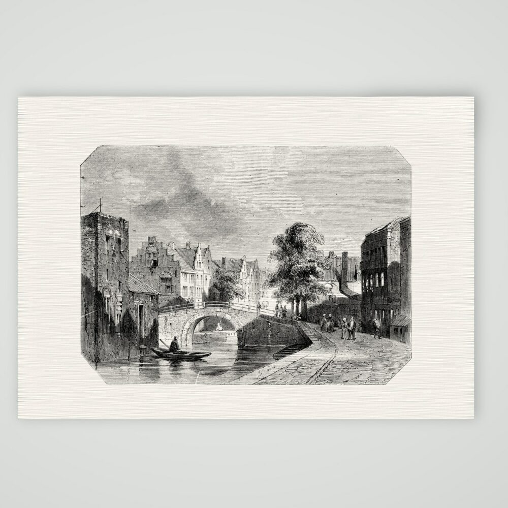 Holländische Grachtbrücke – Stahlstich, Kunstdruck auf Leinenpapier
