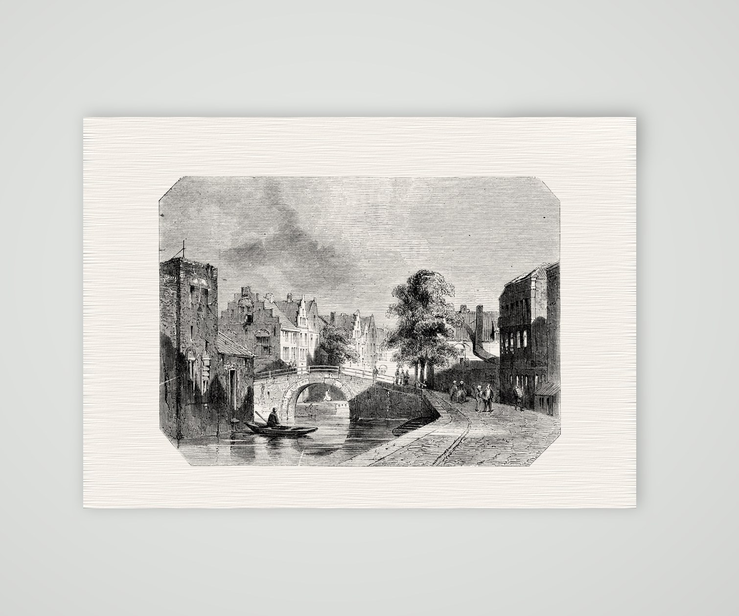 Holländische Grachtbrücke – Stahlstich, Kunstdruck auf Leinenpapier