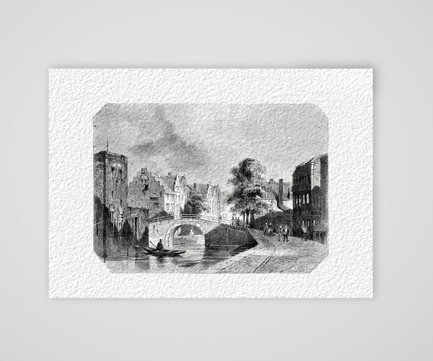 Holländische Grachtbrücke – Stahlstich, Kunstdruck auf Hahnemühle-Büttenpapier
