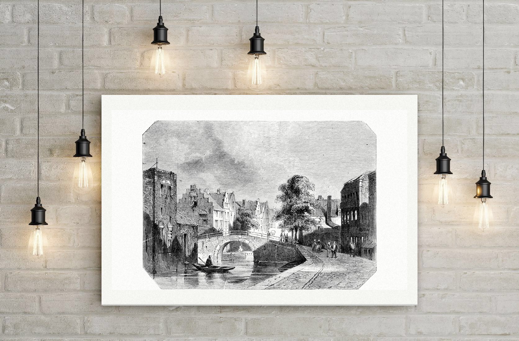 Holländische Grachtbrücke – Stahlstich, Leinwanddruck auf Holzkeilrahmen an der Wand