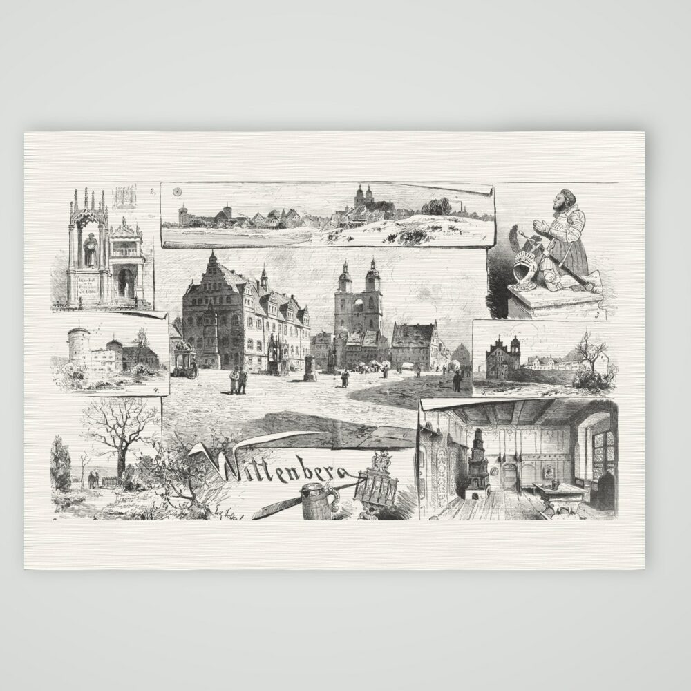 Wittenberg Souvenirblatt mit Lutherstätten – Holzstich, Kunstdruck auf Leinenpapier